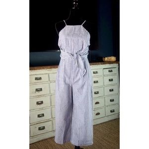 Striped Blue & White Wide-Leg Jumpsuit with Tie Waist